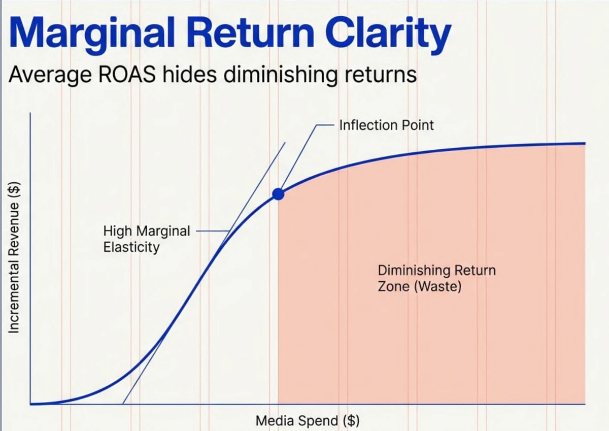 Focused Tangentix marginal-return framework showing a high-elasticity zone, the inflection point, and the diminishing-return zone as media spend increases.